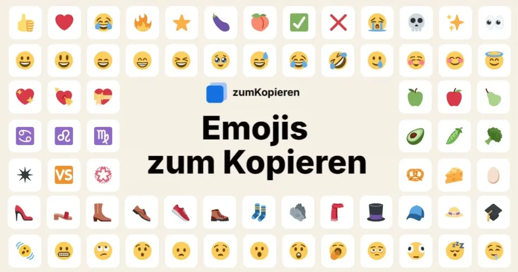 Eine Übersicht beliebter Emojis zum Kopieren, darunter ein rotes Herz, ein lachendes Gesicht und ein Daumen hoch.